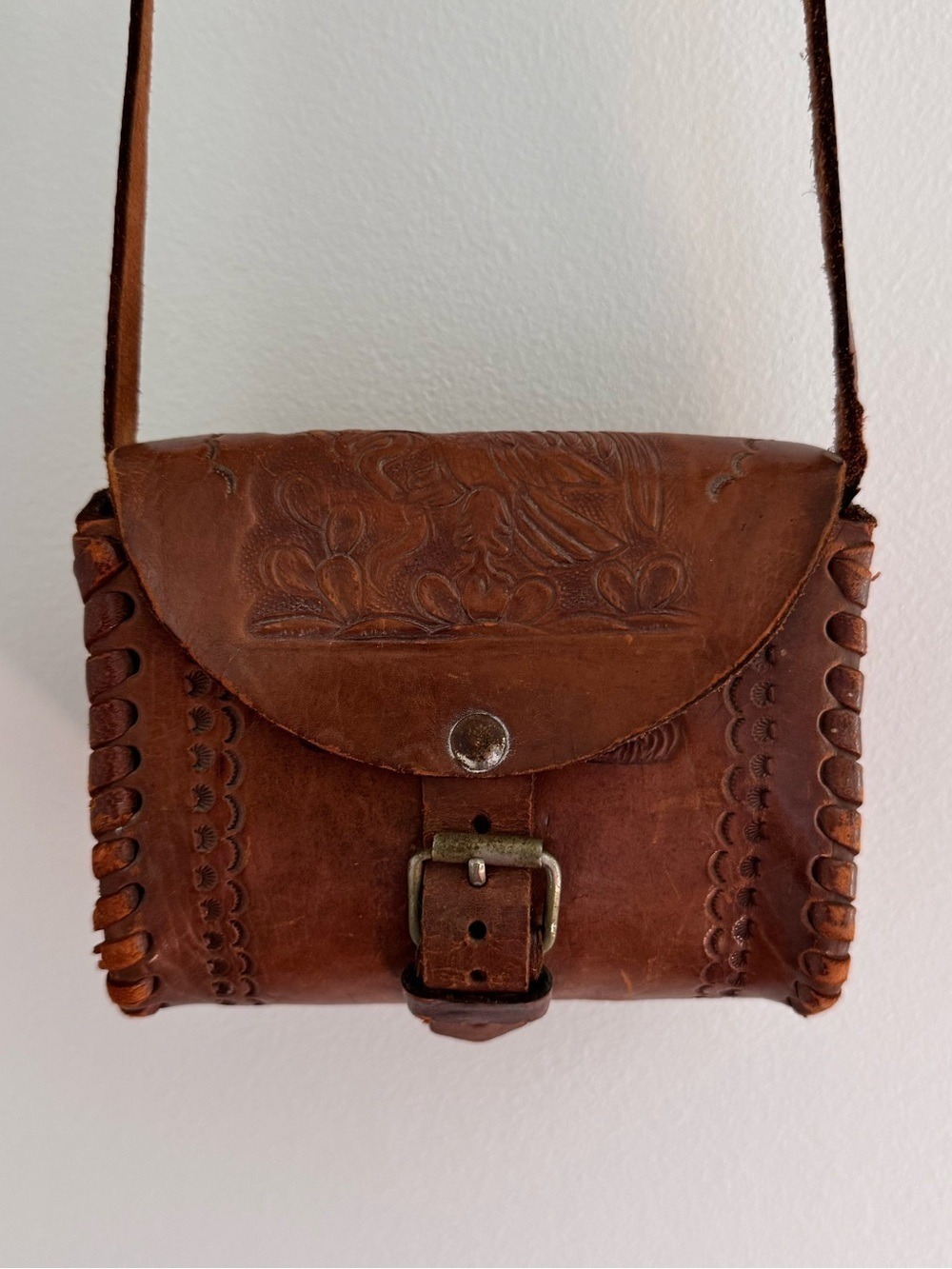 Vintage Tooled Leather Crossbody Bag Brown Western Boho Mini Purse